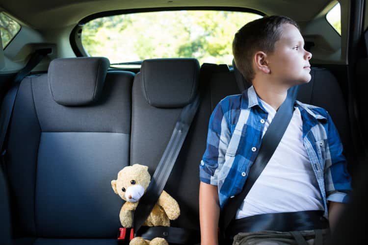 Kid with teddy bear in a car