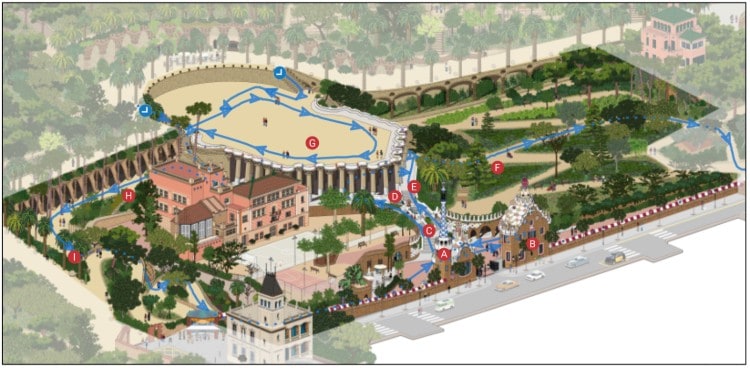 Map of walking route at Park Guell