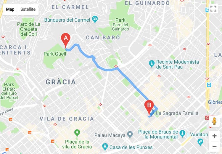 Route Park Guell to Sagrada Familia by taxi