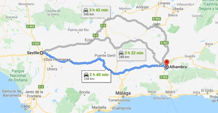 Distance from Seville to Alhambra Castle in Granada