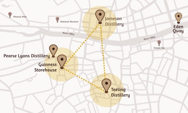 Map of best distilleries in Dublin