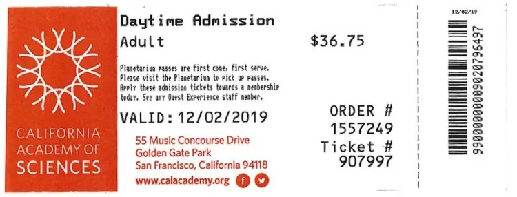 California Academy of Sciences ticket