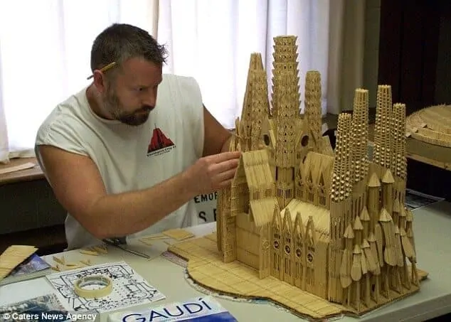 Stan Munro working on his toothpick Sagrada Familia