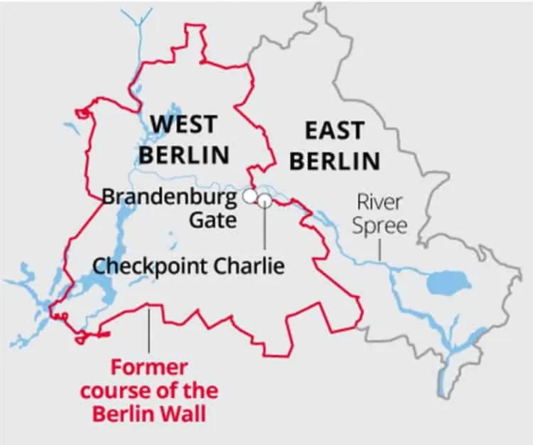 Location of Brandenburg Gate on Berlin wall map