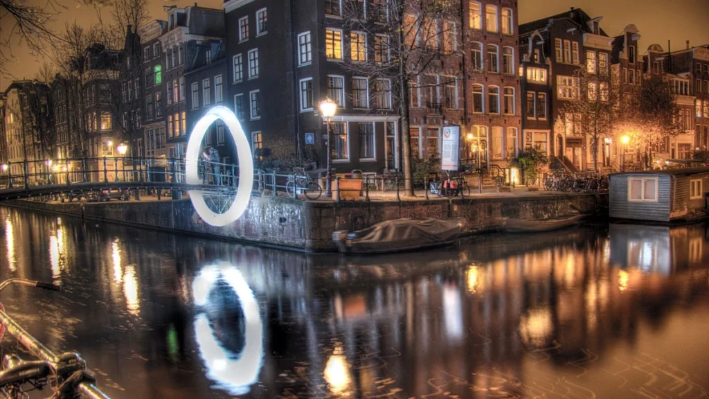 Light on a bridge in Amsterdam during the light festival