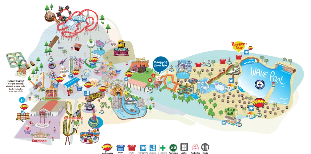 The map displays various ride zones, dining spots, shops, and service points