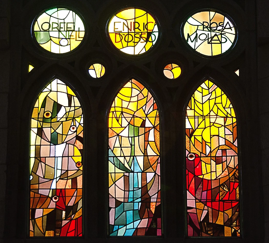 Stained glass window view inside Sagrada Familia